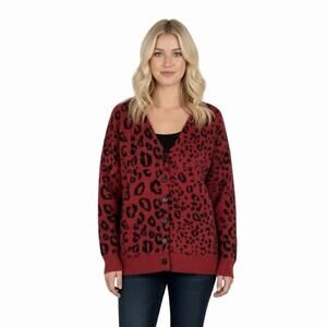 The Kooples Cardigan Sweater Red Wool Leopard Print Large Made In Italy
